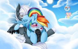 Size: 1920x1200 | Tagged: explicit, artist:abyssalrabbit, fluttershy, rainbow dash, oc, oc:tempest streamrider, 69 position, balls, blowjob, canon x oc, cloud, colt, cum, cum in mouth, duo focus, female, filly, filly on colt, filly rainbow dash, foal, foalcon, g4, imported from derpibooru, male, nudity, on a cloud, oral, pegasus, penis, pony, sex, ship:streamdash, straight, trio, younger