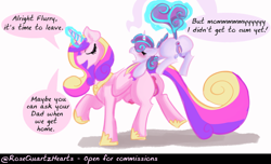 Size: 1965x1196 | Tagged: explicit, artist:rosequartzhearts, princess flurry heart, comic:flurry's playtime, alicorn, alternate version, anatomically correct, anus, butt, crotchboobs, female, filly, foal, foalcon, g4, imported from derpibooru, magic, mare, nipples, nudity, plot, pony, princess cadance, speech bubble, text, vulva, walking