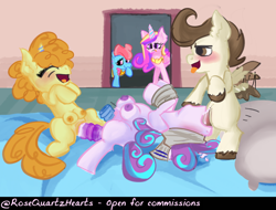 Size: 1572x1196 | Tagged: explicit, artist:rosequartzhearts, princess flurry heart, comic:flurry's playtime, alternate version, bisexual female, blowjob, carrot cake, colt, colt on filly, crotchboobs, cupcake, female, filly, filly on filly, foal, foalcon, food, g4, group sex, imported from derpibooru, lesbian, male, nipples, nudity, oral, penis, pony, pony on pony action, pound cake, princess cadance, sex, sex toy, straight, threesome, tied up, vibrator, vulva