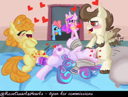 Size: 1572x1196 | Tagged: explicit, artist:rosequartzhearts, princess flurry heart, comic:flurry's playtime, alicorn, alternate version, anal, anatomically correct, balls, bed, bisexual female, blowjob, carrot cake, colt, colt on filly, crotchboobs, cupcake, earth pony, female, filly, filly on filly, flapping wings, foal, foalcon, food, g4, group sex, heart, heart eyes, imported from derpibooru, lesbian, male, nipples, nudity, oral, pegasus, penetration, penis, pony, pony on pony action, pound cake, princess cadance, sex, sex toy, spitroast, straight, threesome, tied up, unicorn, vaginal, vibrator, vulva, wingding eyes, wings
