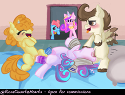 Size: 1572x1196 | Tagged: explicit, artist:rosequartzhearts, princess flurry heart, comic:flurry's playtime, alicorn, alternate version, anal insertion, bisexual female, blowjob, colt, colt on filly, cupcake, dildo, doubleheaded dildo, earth pony, female, filly, filly on filly, flapping wings, foal, foalcon, food, g4, group sex, imported from derpibooru, insertion, lesbian, male, nudity, oral, pegasus, penis, pony, pony on pony action, pound cake, princess cadance, pumpkin cake, sex, sex toy, straight, threesome, unicorn, vaginal insertion, vibrator, wings