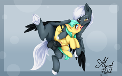 Size: 3840x2400 | Tagged: explicit, artist:abyssalrabbit, oc, oc:tempest streamrider, abdominal bulge, age difference, anatomically incorrect crotchboobs, balls, barley barrel, blushing, canon x oc, crotchboobs, duo, female, filly, foal, foalcon, french kiss, g4, heterochromia, high res, imported from derpibooru, kissing, male, nipples, nudity, open mouth, pegasus, penetration, penis, pony, sex, signature, size difference, stallion, stallion on filly, straight, tongue out, underhoof, vaginal, vaginal secretions, vulva, wings