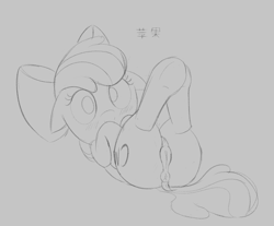 Size: 1736x1438 | Tagged: explicit, artist:dtcx97, apple bloom, anus, blushing, butt, chinese, dock, earth pony, female, filly, foal, foalcon, g4, imported from derpibooru, looking at you, lying down, monochrome, nudity, offscreen character, on back, plot, pony, pov, sketch, solo, solo female, tail, vulva