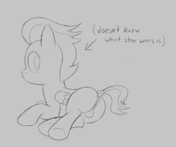Size: 1151x957 | Tagged: explicit, artist:dtcx97, anus, balls, butt, colt, dock, foal, foalcon, g4, imported from derpibooru, looking back, male, monochrome, nudity, pegasus, plot, pony, rumble, sketch, solo, tail, text, underhoof