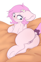 Size: 1320x1999 | Tagged: explicit, artist:eventseem, oc, oc:kayla, anus, blushing, butt, dock, earth pony, earth pony oc, female, filly, floppy ears, flower, flower in hair, foal, foalcon, imported from derpibooru, looking back, nudity, oc only, plot, pony, solo, solo female, tail, vaginal secretions, vulva