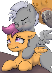 Size: 1756x2462 | Tagged: explicit, artist:dumbwoofer, scootaloo, anatomically correct, bed, blank flank, blushing, chest fluff, chipcutter, clitoris, colt, colt on filly, creampie, crotchboobs, cum, cum on penis, cumming, delicious flat crotch, ear fluff, eyes closed, female, filly, foal, foalcon, g4, imported from derpibooru, lip bite, looking up, male, medial ring, nipples, nudity, orgasm, pegasus, penetration, penis, pony, scootachip, sex, shipping, simple background, spread wings, straight, teats, transparent background, vaginal, vaginal creampie, vulva, vulvar winking, wingboner, wings