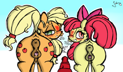 Size: 1880x1102 | Tagged: explicit, artist:johrnyreport, apple bloom, applejack, anatomically correct, anus, applebutt, big macintosh, bloom butt, blushing, bowtie, brother and sister, butt, clitoris, colored, crotchboobs, dock, duo, earth pony, estrus, female, foal, foalcon, g4, horsecock, imported from derpibooru, incest, male, male pov, nipples, nudity, offscreen character, offscreen male, penis, plot, ponut, pony, pov, raised tail, siblings, sisters, snickering, tail, teats, text, vaginal secretions, vein, veiny cock, vulva, vulvar winking, worried