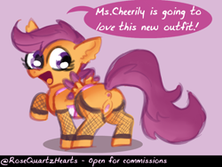 Size: 1094x822 | Tagged: explicit, artist:rosequartzhearts, scootaloo, anus, butt, clothes, female, filly, foal, foalcon, g4, imported from derpibooru, misspelling, nudity, pegasus, plot, pony, scootabutt, solo, solo female, vulva