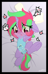 Size: 1500x2310 | Tagged: explicit, artist:sherathoz, oc, oc:susie supreme, armpits, bed, blushing, clothes, dildo, female, filly, foal, foalcon, freckles, heart, heart eyes, imported from derpibooru, insertion, leotard, lying down, masturbation, oc only, on back, one-piece swimsuit, pony, sex toy, solo, solo female, spread legs, spreading, swimsuit, tied hands, underhoof, unicorn, vaginal insertion, vibrator, wingding eyes