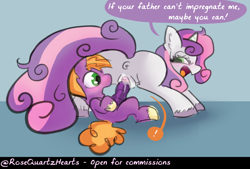 Size: 1206x814 | Tagged: explicit, artist:rosequartzhearts, sweetie belle, age difference, anus, big penis, butt, colt, colt on mare, cum, duo, female, foal, foalcon, g4, imported from derpibooru, little mac, male, mare, nudity, older, older sweetie belle, penetration, penis, plot, pony, reverse foalcon, sex, speech bubble, straight, straight shota, this will end in pregnancy, unicorn, unshorn fetlocks, vaginal, vulva