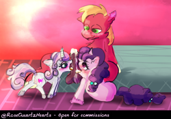 Size: 1123x780 | Tagged: explicit, artist:rosequartzhearts, sweetie belle, anus, big macintosh, big macintosh gets all the mares, blowjob, butt, double blowjob, earth pony, female, ffm threesome, foalcon, g4, group sex, imported from derpibooru, male, mare, multiple blowjob, nudity, oral, penis, plot, pony, sex, straight, sugar belle, threesome, trio, vulva