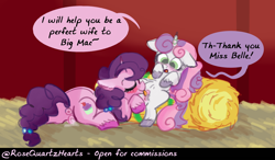 Size: 1400x817 | Tagged: explicit, artist:rosequartzhearts, sweetie belle, age difference, anus, blushing, butt, cunnilingus, duo, female, filly, floppy ears, foal, foalcon, g4, implied sweetiemac, imported from derpibooru, lesbian, mare, mare on filly, nudity, oral, plot, pony, sex, ship:bellebelle, shipping, sugar belle, unicorn, vaginal secretions, vulva