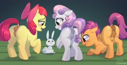 Size: 3762x1945 | Tagged: explicit, artist:gogokemono, apple bloom, scootaloo, sweetie belle, angel bunny, anus, bloom butt, blushing, booty mark crusaders, butt, casual nudity, cutie mark crusaders, dock, earth pony, female, filly, foal, foalcon, g4, imported from derpibooru, nudity, pegasus, plot, ponut, pony, puckered asshole, scootabutt, sweetie butt, tail, unicorn, vulva