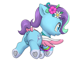 Size: 2600x2200 | Tagged: explicit, artist:dumbwoofer, anatomically correct, anus, bow, bracelet, bridlewoodstock, bridlewoodstock (make your mark), butt, collar, crotchboobs, dock, female, filly, flower, flower in hair, flying, foal, foalcon, g5, glory (g5), grin, happy, high res, imported from derpibooru, jewelry, my little pony: make your mark, my little pony: make your mark chapter 4, nudity, pegasus, plot, pony, simple background, smiling, solo, solo female, tail, tail bow, teats, transparent background, underhoof, vulva