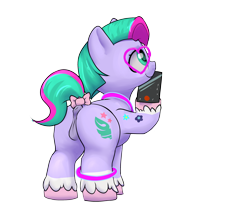 Size: 2600x2200 | Tagged: explicit, artist:dumbwoofer, anatomically correct, anklet, anus, bodypaint, bow, bridlewoodstock, bridlewoodstock (make your mark), butt, casual nudity, cellphone, dock, earth pony, female, filly, foal, foalcon, g5, high res, imported from derpibooru, jewelry, looking up, my little pony: make your mark, my little pony: make your mark chapter 4, necklace, nudity, phone, plot, pony, seashell (g5), simple background, smiling, solo, solo female, tail, tail bow, transparent background, unshorn fetlocks, vulva