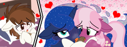 Size: 5476x2035 | Tagged: explicit, artist:sherathoz, artist:tolpain, princess luna, age difference, alicorn, bed, bedroom, blowjob, cheerilee, collaboration, colt, double blowjob, drool, earth pony, female, ffm threesome, foal, foalcon, g4, group sex, heart, heart eyes, imported from derpibooru, looking at you, lucky bastard, male, mare, mare on colt, multiple blowjob, nudity, offscreen character, oral, penis, pipsqueak, pony, pov, sex, ship:lunapip, shipping, straight, straight shota, threesome, wingding eyes