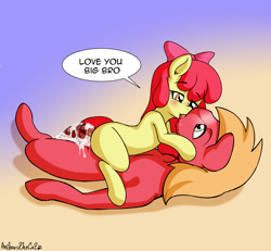 Size: 2700x2500 | Tagged: explicit, artist:anibaruthecat, apple bloom, aftersex, applecest, bedroom eyes, big macintosh, blushing, brother and sister, cowgirl position, creampie, cum, drool on face, duo, earth pony, female, filly, filly on stallion, foal, foalcon, french kiss, g4, gradient background, high res, horsecock, imported from derpibooru, incest, kissing, male, nudity, penis, pony, ship:macbloom, shipping, siblings, stallion, straight, vaginal creampie