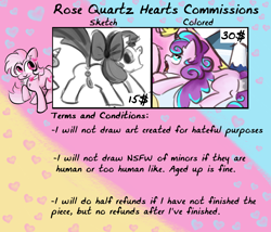 Size: 1262x1080 | Tagged: explicit, artist:rosequartzhearts, apple bloom, princess flurry heart, oc, advertisement, anus, butt, collar, commission info, female, filly, floating heart, foal, foalcon, g4, heart, imported from derpibooru, nudity, plot, ponut, pony, unnamed oc, vulva