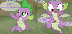 Size: 3000x1436 | Tagged: explicit, artist:ponykittenboi, spike, 2 panel comic, blushing, butt, cloaca, comic, cuntboy, cuntboy spike, derpibooru exclusive, dragon, foalcon, g4, genital slit, gritted teeth, implied transformation, imported from derpibooru, intersex, mini comic, nudity, offscreen character, orchard, panic, pointing, show accurate, show accurate porn, smug, solo, spread pussy, spread wings, spreading, sweat, teeth, tree, vaginal secretions, vulva, weird lizzer hole, wide eyes, wingboner, winged spike, wings