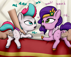 Size: 4200x3400 | Tagged: explicit, artist:littlenaughtypony, spoiler:g5, spoiler:my little pony: tell your tale, age difference, balls, butt, clitoris, disembodied hand, disembodied penis, duo focus, eyes rolling back, female, filly, filly pipp petals, filly zipp storm, foal, foalcon, g5, hand, human, human male, human male on filly, human on pony action, human penis, imported from derpibooru, interspecies, male, my little pony: tell your tale, nudity, open mouth, pegasus, penetration, penis, pinned down, pipp petals, plap, plot, pony, royal sisters (g5), sex, siblings, sisters, spank mark, straight, vaginal, vaginal secretions, vein, veiny cock, younger, zipp storm