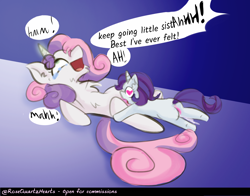Size: 1939x1517 | Tagged: explicit, artist:rosequartzhearts, rarity, sweetie belle, age difference, age swap, anus, butt, cunnilingus, duo, female, filly, filly rarity, foal, foalcon, g4, heart, heart eyes, imported from derpibooru, incest, lesbian, mare, mare on filly, nudity, older, older sweetie belle, oral, plot, pony, raricest, rearity, role reversal, sex, ship:raribelle, shipping, siblings, sisters, unicorn, vulva, want it need it, wingding eyes, younger