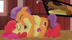 Size: 3840x2160 | Tagged: explicit, artist:dtcx97, apple bloom, apple bloom's bow, balls, barn, blushing, boobjob, bow, colt, colt on filly, crotchboobjob, crotchboobs, cum, cum on body, cumming, drool, drool on face, drool string, duo, duo male and female, earth pony, eyes closed, female, filly, flared, foal, foalcon, french kiss, g4, hair bow, hay, high res, horsecock, imported from derpibooru, inset, intercrural sex, kissing, male, missionary position, nipples, not scootaloo, nudity, orgasm, penis, pony, sex, ship:tenderbloom, shipping, sidepussy, sloppy kissing, straight, teats, tender taps, vaginal secretions, wall of tags