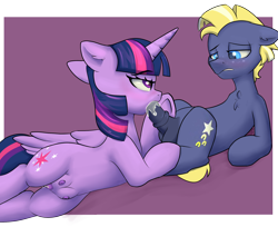 Size: 2379x1941 | Tagged: explicit, artist:dumbwoofer, twilight sparkle, alicorn, anatomically correct, backwards cutie mark, balls, belly, blowjob, blushing, chest fluff, colt, creampie, crotchboobs, cum, cum in mouth, duo, ear fluff, ears back, earth pony, female, foal, foalcon, freckles, g4, honorary incest, imported from derpibooru, lip bite, looking at each other, looking at someone, lying down, male, mare, medial ring, nipples, nudity, on back, on side, oral, oral creampie, penis, pony, sex, ship:twitracker, shipping, star tracker, straight, teats, teenager, vaginal secretions, vulva
