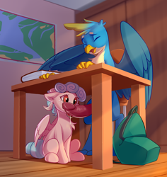 Size: 1888x2000 | Tagged: explicit, artist:kittytitikitty, blowjob, cozy glow, duo, female, foalcon, g4, gallus, griffon, imported from derpibooru, indoors, licking, licking cock, male, nudity, oral, partially open wings, pegasus, penis, pony, school, sex, straight, tongue out, under the table, wings