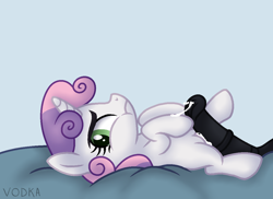 Size: 1132x826 | Tagged: explicit, artist:c1trine, sweetie belle, :t, blank flank, cum, female, female focus, foalcon, g4, horsecock, imported from derpibooru, lying down, male, nudity, offscreen character, offscreen male, on back, penis, pony, solo focus, sweetie belle is not amused, unamused, unicorn, vulva