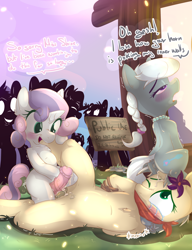 Size: 2539x3307 | Tagged: explicit, grimdark, artist:sip, silver spoon, sweetie belle, oc, oc:mercury shine, anus, bondage, butt, cum, exhibitionism, foalcon, g4, high res, horn, horn penetration, horsecock, imported from derpibooru, mercury shine having another bad time, nudity, penetration, penis, plot, pony, public use, rape, rule 63, sex, silver bell, trio focus, unicorn, vulva