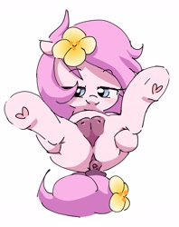 Size: 3203x4047 | Tagged: explicit, artist:php197, oc, oc:kayla, anus, butt, closed mouth, crotchboobs, earth pony, female, filly, floppy ears, flower, foal, foalcon, imported from derpibooru, legs in air, lidded eyes, looking at you, lying down, nipples, nudity, oc only, on back, plot, pony, simple background, smiling, smiling at you, smug, solo, solo female, spread legs, spreading, white background