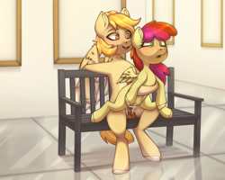 Size: 3492x2795 | Tagged: explicit, artist:angieimagines, oc, oc:creamsicle tryst, oc:sky knarr, age difference, bench, blushing, brown eyes, commission, complex background, creampie, cum, female, filly, foal, foalcon, genitals, green eyes, heart, heart eyes, high res, horsecock, imported from derpibooru, male, markings, mottled genitals, multicolored hair, nudity, oc only, pegasus, pegasus oc, penetration, penis, picture frame, pony, sex, size difference, spread wings, stallion, stallion on filly, straight, striped mane, vaginal, vaginal creampie, wingding eyes, wings, younger