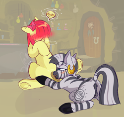 Size: 2958x2781 | Tagged: explicit, artist:spoonfulofsuga, apple bloom, age difference, blushing, butt, cunnilingus, duo, earth pony, female, filly, foal, foalcon, g4, high res, imported from derpibooru, lesbian, mare, nudity, oral, plot, pony, sex, ship:zecobloom, shipping, vagina, vaginal secretions, zebra, zecora, zecora's hut