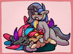 Size: 1814x1344 | Tagged: explicit, artist:faerienougat, oc, oc:apple tart, oc:faerie nougat, oc:overcast softhoof, aftersex, age difference, alicorn, alicorn zony, creampie, cum, female, filly, foal, foalcon, french kiss, futa, futa mare, futa mare on filly, futa oc, futa on female, futa on filly, group sex, hybrid, imported from derpibooru, incest, intersex, kissing, mother and child, mother and daughter, oc only, offspring, parent:apple bloom, parent:oc:faerie nougat, parents:canon x oc, pegasus, penetration, pony, sex, size difference, threesome, unicorn, vaginal, vaginal creampie, zony