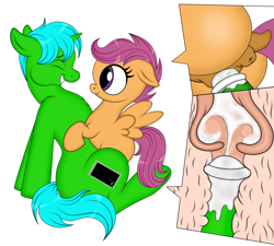 Size: 5000x4500 | Tagged: explicit, artist:setaru, artist:trenody, scootaloo, oc, oc:green byte, age difference, alternate version, butt, commission, creampie, cum, cum version, female, filly, foal, foalcon, g4, imported from derpibooru, internal, male, nudity, pegasus, penetration, penis, plot, pony, sex, simple background, stallion, stallion on filly, straight, unicorn, vaginal, vaginal creampie, white background, ych result