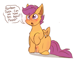 Size: 2817x2294 | Tagged: explicit, artist:spoonfulofsuga, scootaloo, anatomically incorrect, asking for it, blushing, dialogue, female, filly, foal, foalcon, frontgina, g4, high res, human vulva on pony, implied scootadash, implied shipping, imported from derpibooru, nudity, pegasus, pony, raised hoof, simple background, sitting, solo, solo female, vaginal secretions, vulva, vulva blush, white background