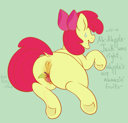 Size: 3000x2900 | Tagged: explicit, artist:feralkittyclawz, apple bloom, anatomically correct, anus, apple, apple bloom's bow, appleplay, bloom butt, bow, butt, dialogue, dock, earth pony, female, filly, foal, foalcon, food, g4, green background, hair bow, high res, imported from derpibooru, insertion, nudity, open mouth, open smile, plot, ponut, pony, rear view, signature, simple background, smiling, solo, solo female, sweat, sweatdrop, tail, this will end in yeast infection, vaginal insertion, vaginal secretions, vulva