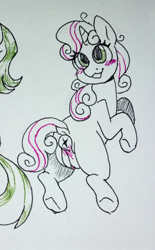 Size: 1267x2048 | Tagged: explicit, artist:feralkittyclawz, sweetie belle, anatomically correct, anus, blushing, butt, female, female focus, filly, foal, foalcon, g4, horn, imported from derpibooru, looking back, nudity, offscreen character, open mouth, open smile, partial color, plot, ponut, pony, smiling, solo focus, tail, traditional art, underhoof, unicorn, vulva