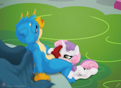 Size: 1200x867 | Tagged: explicit, artist:miniferu, sweetie belle, alternate version, blushing, clitoris, crotchboobs, duo, female, filly, foal, foalcon, g4, gallus, griffon, heart, heart eyes, horn, imported from derpibooru, knot, male, mane, nipples, nudity, open mouth, oral, penis, penis on face, pony, public, sex, ship:gallbelle, shipping, spread wings, straight, tail, unicorn, vulva, wingding eyes, wings