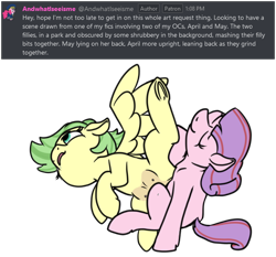 Size: 602x560 | Tagged: explicit, artist:thebathwaterhero, oc, oc:april showers, oc:mayfly, crotchboobs, duo, earth pony, earth pony oc, female, filly, filly on filly, foal, foalcon, imported from derpibooru, lesbian, nipples, nudity, oc only, pegasus, pegasus oc, pony, sex, simple background, transparent background, tribadism