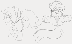 Size: 1566x963 | Tagged: explicit, artist:dotkwa, scootaloo, anatomically correct, anus, butt, crotchboobs, dock, female, filly, foal, foalcon, frog (hoof), g4, gray background, grayscale, imported from derpibooru, lying down, monochrome, nipples, nudity, on back, pegasus, plot, ponut, pony, raised hoof, rear view, scootabutt, simple background, sketch, solo, solo female, tail, teats, underhoof, vulva