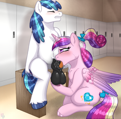 Size: 2494x2455 | Tagged: explicit, artist:ponykittenboi, shining armor, alicorn, anus, ball fondling, balls, big balls, blowjob, blushing, butt, canon ship, colored wings, deepthroat, derpibooru exclusive, drool, exhibitionism, female, foalcon, g4, gritted teeth, grope, hair tie, high res, horsecock, imported from derpibooru, locker room, lockers, looking up, low hanging fruit, male, multicolored hair, multicolored wings, nudity, oral, penis, plot, pony, princess cadance, public sex, sex, sheath, ship:shiningcadance, shipping, spit, straight, teen princess cadance, teenage shining armor, teenager, teeth, throat bulge, tongue out, unicorn, unshorn fetlocks, vaginal secretions, vulva, wet, wings, younger