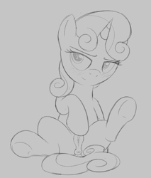 Size: 1207x1416 | Tagged: explicit, artist:dtcx97, sweetie belle, anatomically correct, anus, bedroom eyes, butt, female, filly, foal, foalcon, g4, imported from derpibooru, monochrome, nudity, plot, ponut, pony, sketch, solo, solo female, spread legs, spreading, teasing, underhoof, unicorn, vulva