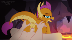 Size: 1280x720 | Tagged: explicit, artist:metalhead97, anus, ass, bedroom eyes, butt, butt grab, butt touch, cave, dragon, dragoness, duo, female, female focus, foalcon, g4, grope, human, human on dragon action, imported from derpibooru, interspecies, lava, lidded eyes, looking at you, looking back, male, nudity, offscreen character, offscreen male, open mouth, penetration, penis, presenting, presenting butt, sex, show accurate, show accurate porn, smiling, smiling at you, smolder, smolderriere, solo focus, straight, stretching, tail, vaginal, vaginal secretions