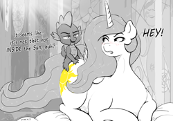 Size: 3090x2160 | Tagged: explicit, artist:index3, princess celestia, spike, alicorn, blushing, duo, duo male and female, female, foalcon, g4, high res, implied fisting, imported from derpibooru, looking at each other, looking at someone, lying, male, massage, monochrome, pony, reverse foalcon, softcore, text
