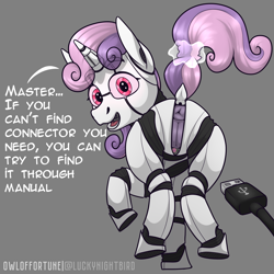 Size: 3000x3000 | Tagged: explicit, artist:owloffortune, sweetie belle, alternate version, anus, butt, cable, dialogue, dock, female, foal, foalcon, g4, high res, imported from derpibooru, looking at you, looking back, looking back at you, magic, nudity, offscreen character, open mouth, plot, ponut, pony, red eyes, robot, robot pony, sexbot, solo, solo female, sweetie bot, sweetie butt, tail, tail pull, telekinesis, unicorn, usb, vulva