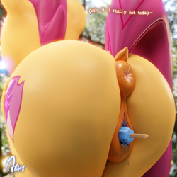 Size: 2048x2048 | Tagged: explicit, artist:quicktimepony, scootaloo, 3d, anus, blender, butt, butt focus, dialogue, dock, female, filly, foal, foalcon, food, foodplay, forest, g4, high res, imported from derpibooru, insertion, nudity, pegasus, plot, ponut, pony, popsicle, scootabutt, signature, solo, solo female, tail, temperature play, this will end in yeast infection, vaginal foodplay, vaginal insertion, vulva