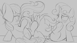 Size: 3840x2160 | Tagged: explicit, artist:dtcx97, apple bloom, scootaloo, sweetie belle, anus, blushing, butt, cmc threesome, cunnilingus, cutie mark crusaders, earth pony, eyes closed, female, foalcon, g4, genitals, group sex, high res, imported from derpibooru, lesbian, monochrome, nudity, oral, pegasus, plot, pony, sex, ship:sweetiebloomaloo, sketch, threesome, unicorn, vulva