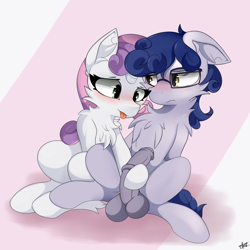 Size: 3000x3000 | Tagged: explicit, artist:starmaster, sweetie belle, oc, oc:ka3, :p, balls, blushing, canon x oc, chest fluff, duo, female, filly, floppy ears, foal, foalcon, g4, glasses, high res, horsecock, imported from derpibooru, male, masturbation, nudity, penis, pony, simple background, sitting, straight, tongue out, touching, unicorn