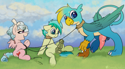 Size: 5200x2880 | Tagged: explicit, artist:cornelia_nelson, balls, collar, cozy glow, earth pony, erection, female, femdom, filly, foal, foalcon, foaldom, g4, gallus, griffon, horsecock, imported from derpibooru, knot, leash, male, malesub, nudity, pegasus, penis, pet play, pony, sandbar, source needed, stallion, submissive, trio, useless source url